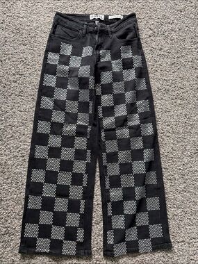 Black Checkerboard Wide-Leg Jeans